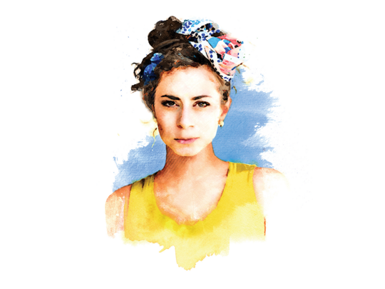 Graphic illustration with water color style, feature a woman in yellow shirt and colorful ribbon in her hair. A splash of blue behind her.