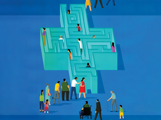 Illustration of patients walking through a maze in the shape of a health care cross.