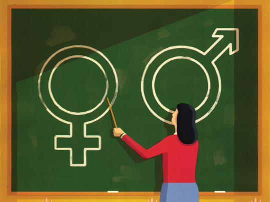 Illustration of a classroom with a teacher pointing at chalkboard which has male and female symbols, children in the foreground all have raised hands.
