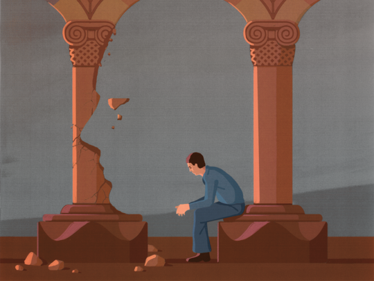 illustration of a person sitting on a pillar while the next pillar over starts to crumble with the backdrop of Mount Ararat, as a metaphor for mental health in Armenia