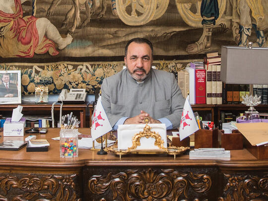 His Beatitude Archbishop Nourhan Manougian, 97th Armenian Patriarch of Jerusalem, in his office within the Armenian Monastery of St. James.