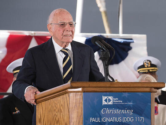Former US Secretary of the navy Paul Ignatius in 2017 during a christening ceremony for the future USS Paul Ignatius