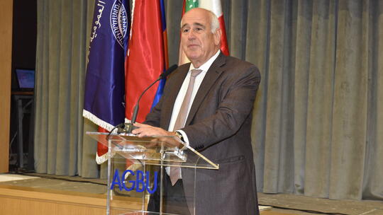 AGBU President Berge Setrakian makes remarks after the dedication of the Berge and Vera Setrakian Hall at AGBU Lebanon, Sin El Fil. 