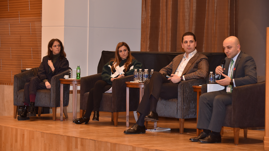 (L to R) Sarah Hermez, Sarine Karajerjian, Moderator Camilio Azzouz, and Hagop Djeghelian discuss the Survival of the Armenian Identity. 